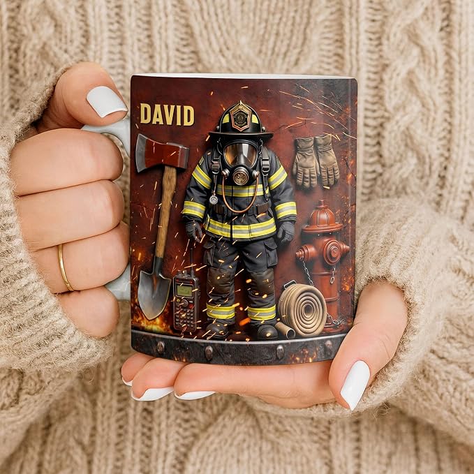 Personalized Firefighter Gifts for Men Dad Custom Name Mug, Fireman Gear Design - Image 9