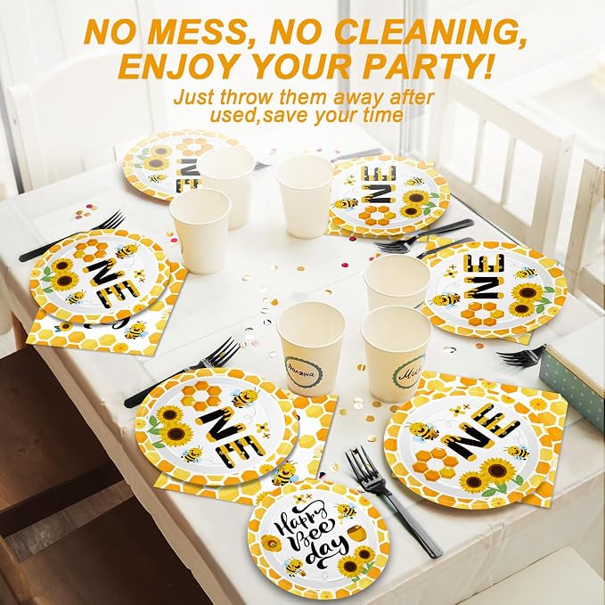 Qyeahkj 100 Pcs Bee 1st Birthday Party Supplies Paper Plates and Napkins Set - Image 5