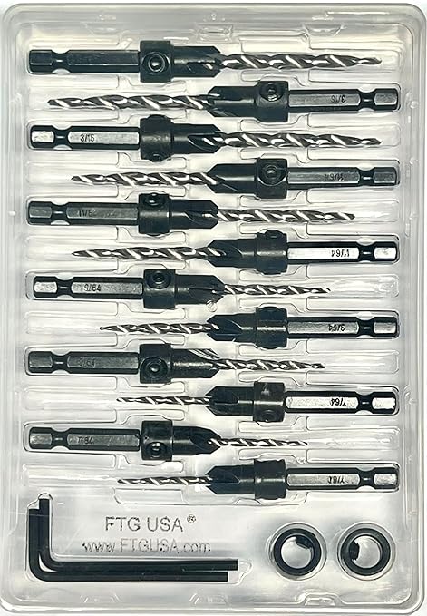 FTG USA Countersink Drill Bit Set for Wood with Tapered Drill Bit - #4 (7/64"), #6 (9/64"), #8 (11/64"), #10 (3/16")