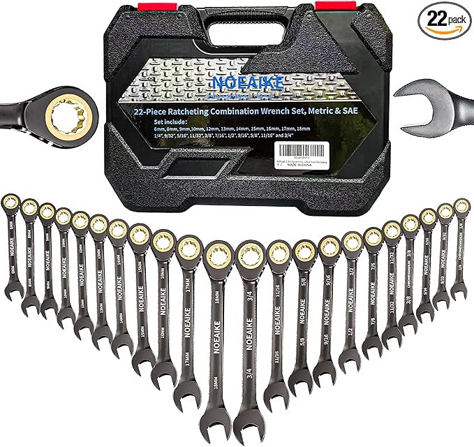 22-PCS Ratchet Wrenches Set,Anti-slip Teeth,Ratcheting Combination Wrench Sets Metric 6-18mm & SAE 1/4"-3/4" with Organizer Box,Black Nickel Electroplating