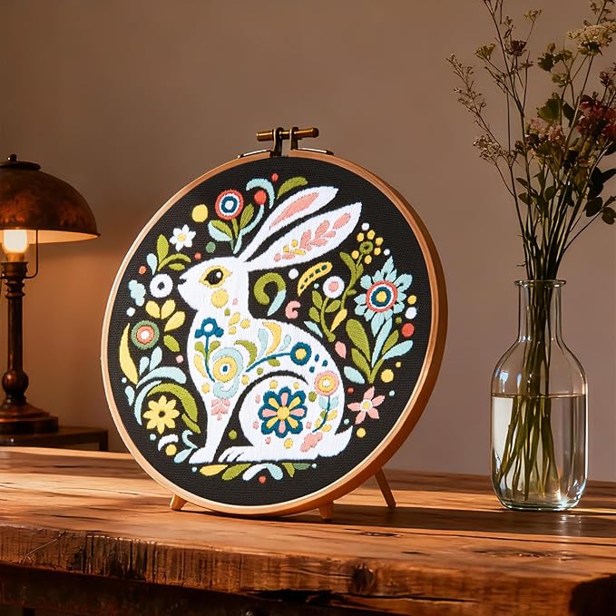 Crafmanoe Embroidery Kits for Beginners Adults, Flowers Rabbit Embroidery - Image 5