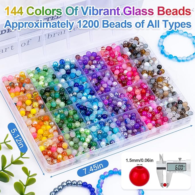 XSEINO About 1200PCS 6mm Glass Beads Bracelet Making Set, 144 Color Colorful - Image 4