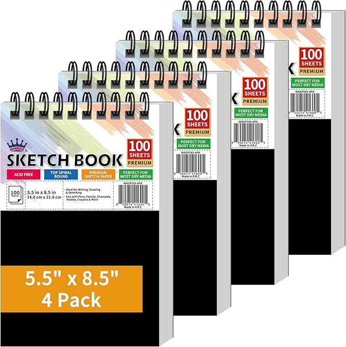 WINNER 5.5" x 8.5" Sketch Book, 400 Sheets Top Spiral Bound Sketch Pad by WINNER