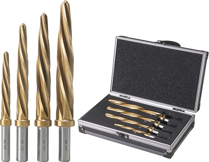 4pcs Bridge/Construction Reamer Set, 3/8", 1/2", 5/8", 3/4”, M2 HSS Taper Chucking Reamer Drill Bit for Steel Alloy Aluminum Metal Wood Plastic, 3/8" or 1/2" Shank, to Enlarge/Align Holes