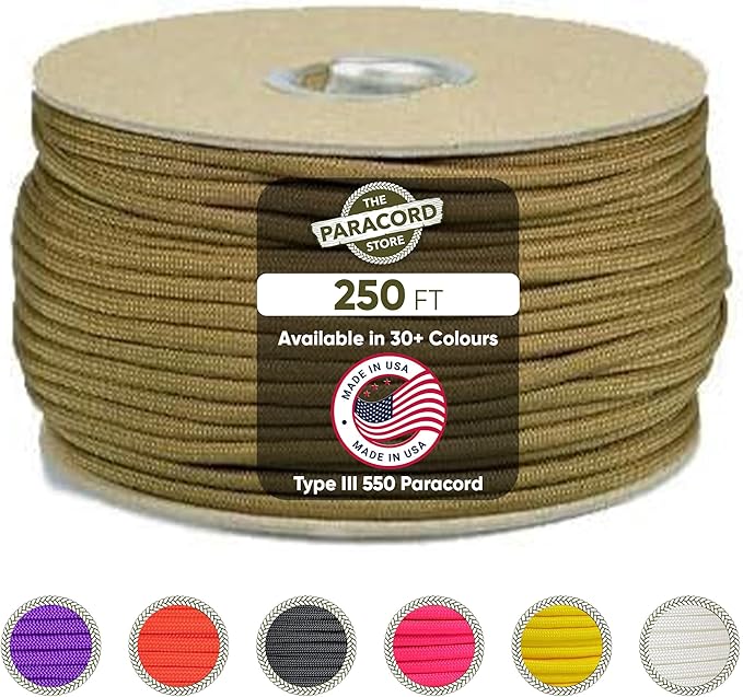 The Paracord Store | Type III 550 Paracord - 250 FT Spool, Coyote Brown | Heavy Duty 7 Strand Tactical Paracord - USA Made Nylon Outdoor Parachute Cord for Camping, Fishing & More - Survival Cord