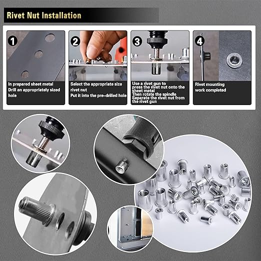 Rivet Nuts 1100 PCS, Metric Insert Rivet Nut Combination Kit, Aluminum Flat Head Thread Insert Rivet Nuts, Suitable for Automotive, Furniture Decoration, Sheet Metal Assembly and Industrial Products