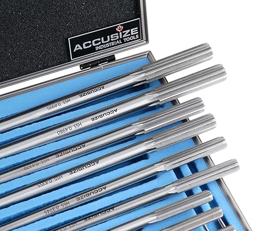 Accusize Industrial Tools Dowel Pin Reamer Size: 0.1230" Thru 0.4995", HSS M2 Premium Chucking Reamer Set, Right Hand Cut, 14 pcs Set, 5528-ST00
