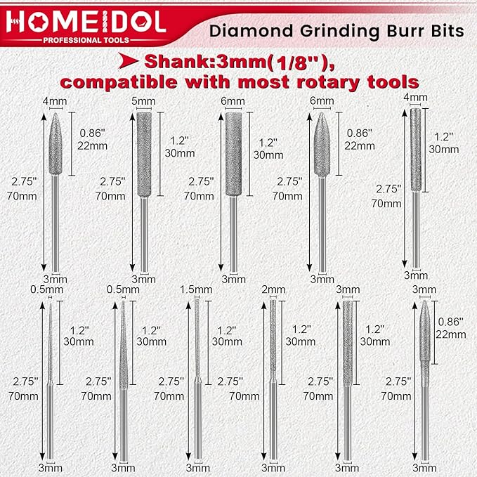 Stone Carving Set Diamond Burr Bits Compatible with Dremel, 11PCS Polishing Kits Rotary Tools Small Long Cone Accessories with 1/8’ Shank For Carving, Engraving, Grinding, Stone, Rocks, Jewelry, Glass
