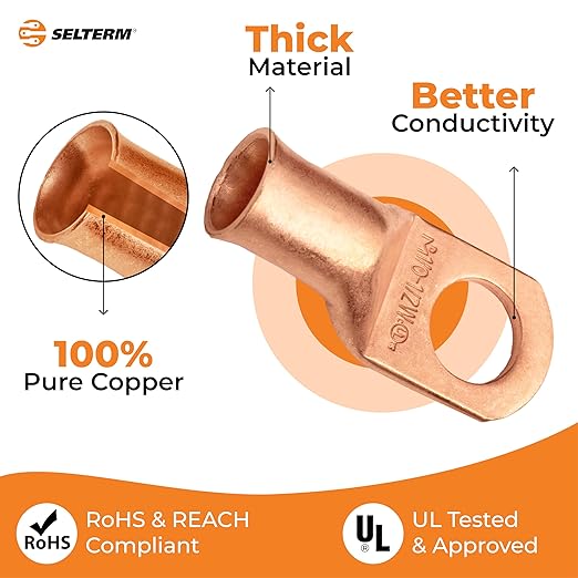 SELTERM 2pcs 1/0 AWG 1/2" Stud (Wide Pad) Copper Wire Lugs, Battery Lugs, Ring Terminals, Battery Cable Ends, 0 Gauge Ring Terminal Connectors, UL Heavy Duty Bare Copper Eyelets Battery Cable Lugs