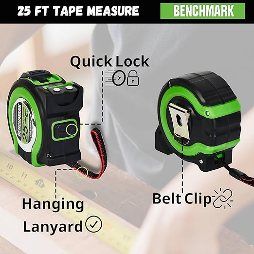 3 Pack - Tape Measures 25 ft - Easy to Read Fractions to 1/8th inch - Magnetic Tip - Thumb and Quick Lock - Autowind - Belt Clip - Green - Measuring Tape Retractable