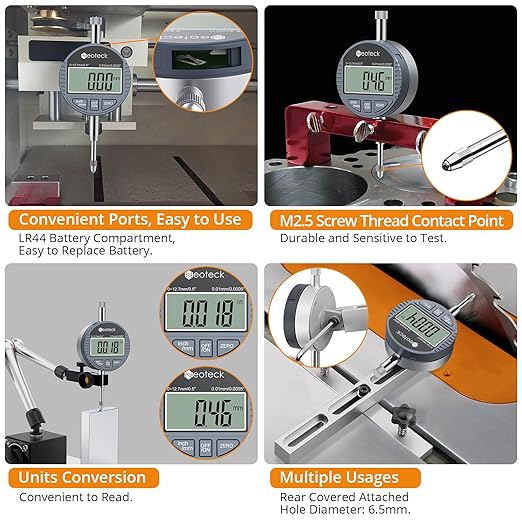 Neoteck DTI Digital Dial Indicator 0.01mm/0.0005 inch Digital Probe Indicator Dial Test Gauge Range 0-12.7mm/0.5 inch Dial Test Indicators Electronic Indicator Gauge