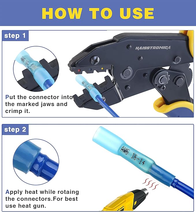 haisstronica Crimping Tool for Heat Shrink Connectors HS-8327 with 200PCS Marine Grade Heat Shrink Butt Connectors of Tinned Red Copper AWG 22-10