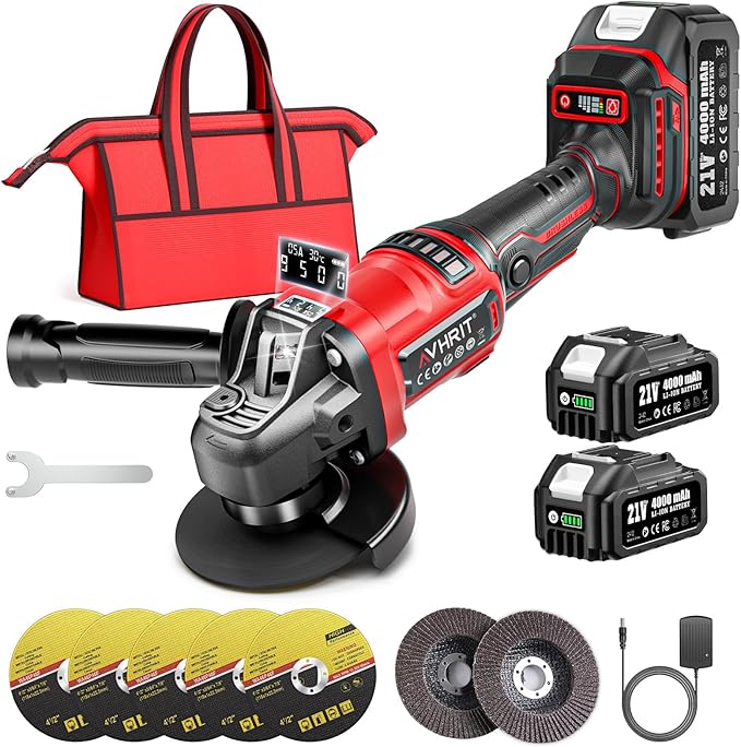 Angle Grinder Cordless 21V: Battery Grinder with 2x 4000mAh, Brushless Motor, Adjustable 3-speed with LED for Cutting Grinding
