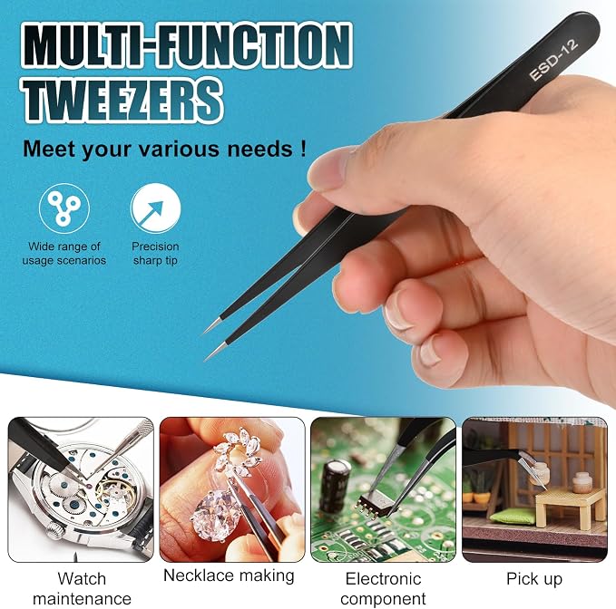 10Pcs Precision Tweezers Set, Upgraded Anti-Static Stainless Steel Tweezers - Image 5