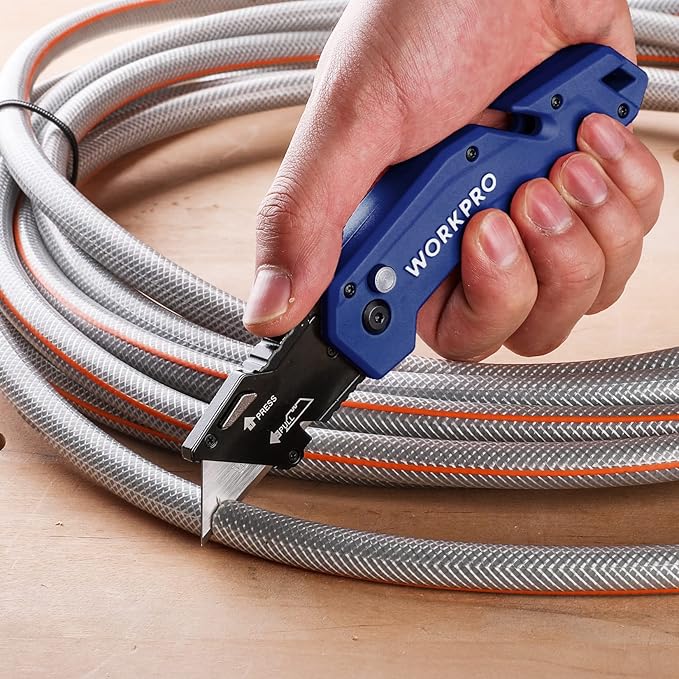 WORKPRO Folding Utility Knife, Box Cutter with Belt Clip, Quick-Change Blade, Lightweight Nylon Handle, Wire Stripper & Gut Hook, Extra 10 SK5 Blades Included, Blue