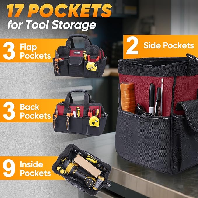 TICONN Heavy Duty Tool Bag with Multi-Pockets, Portable Tool Box Organizer Storage Bag, with Adjustable Shoulder Strap and Ergonomic Handle (Red, 12" Standard Base)