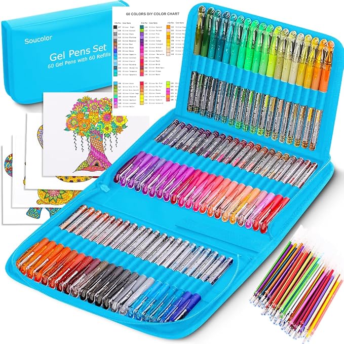 Soucolor 120 Glitter Gel Pens, 60 Refills, Gel Pens by Soucolor