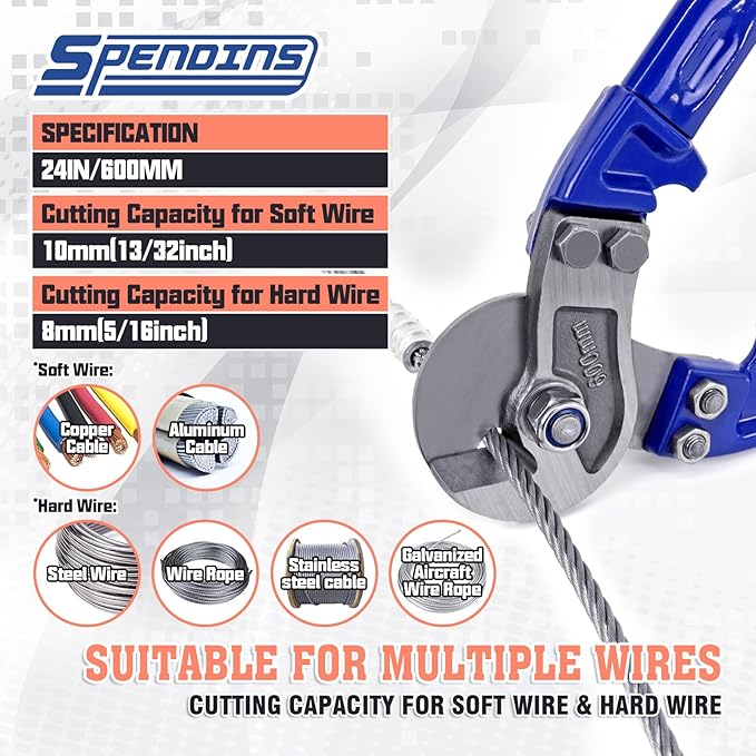 24” Heavy Duty Wire Rope Cutter,Steel Wire Cutters w/Ergonomic Handle Design, Hardened Cable Cutter Cuts Up to 13/32" for Wire rope, Stainless Steel Wire, Copper and Aluminium Cables