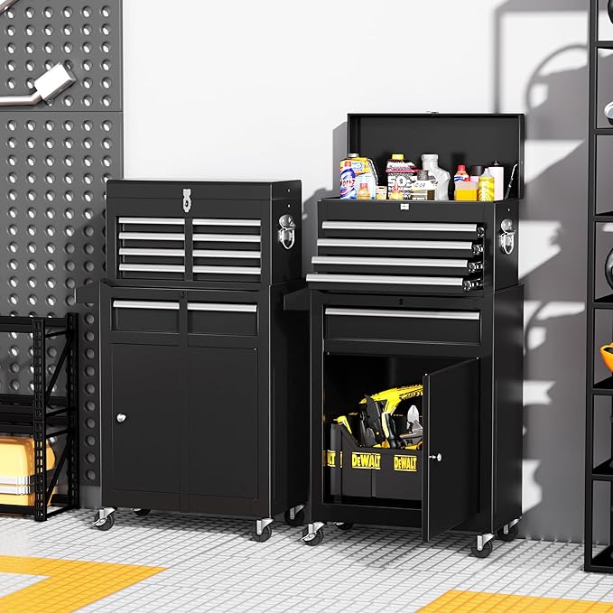 INTERGREAT Black Tool Chest, 5-Drawer Rolling Tool Storage Cabinet with Detachable Top Tool Box, Tool Chest with Universal Lockable Wheels, Metal Tool Cart for, Workshop, Barbershop