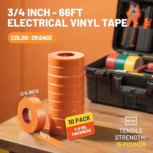 RED WOLF 10 Pack Orange Electrical Tape 3/4 Inch x 66 Ft Industrial Grade UL/CSA Listed 7 Mil Thick Flame Retardant High Temp Waterproof Electrical PVC Tape Electric Super Vinyl Rated 600V