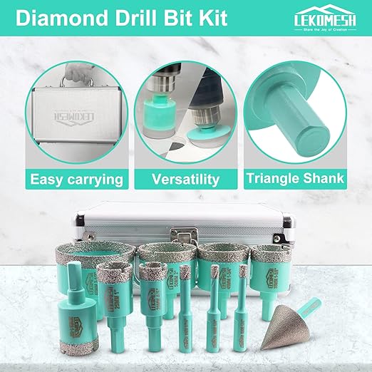 Diamond Core Drill Bits Set 11pcs Tile Hole Saw Kit Triangle Shank(6/6/8/20/25/28/35/45/50/65mm/35mm Diamond Chamfer bits)