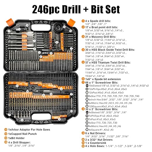 EnerTwist Drill Bit Set, 246-Pieces Drill Bits and Driver Set for Wood Metal Cement Drilling and Screw Driving, Full Combo Kit Assorted in Plastic Carrying Case, ET-DBA-246