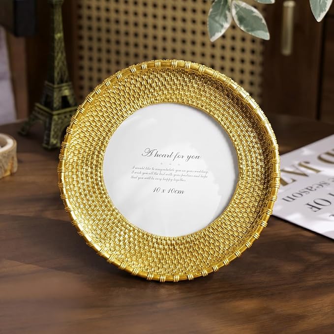 Cuspin 4x4 Round Gold Picture Frame, Vintage Woven Circle Photo Frame - Image 4