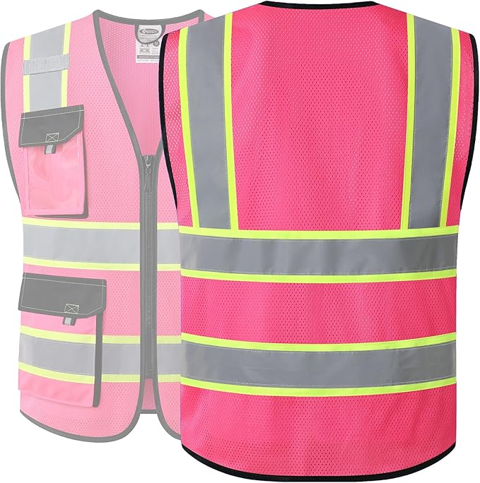 JKSafety Hi Vis Reflective Safety Vests for Men Women High Visibility Vest with Pockets Mesh Fabric Construction Safety Apparel Neon Vest for Work (220-Pink M)