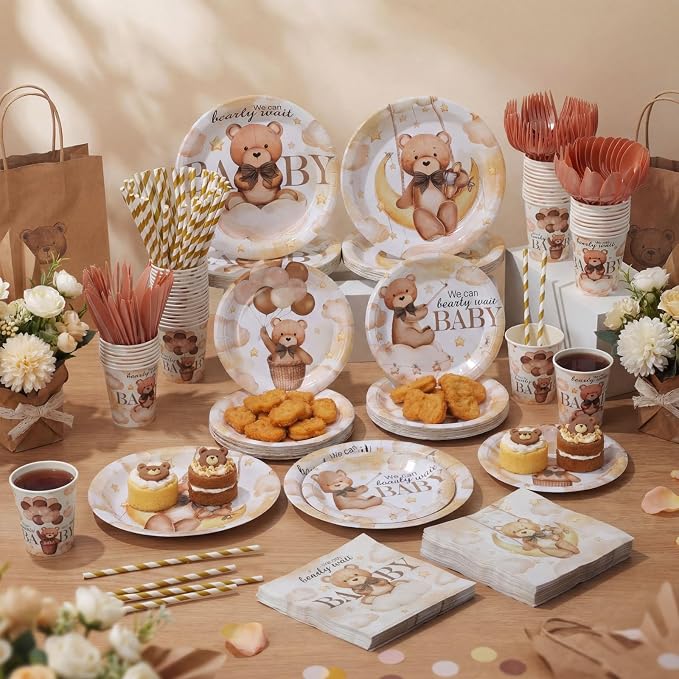 450 Pcs Brown Bear Baby Shower Tableware Set Decorations We Can Bearly Wait - Image 6