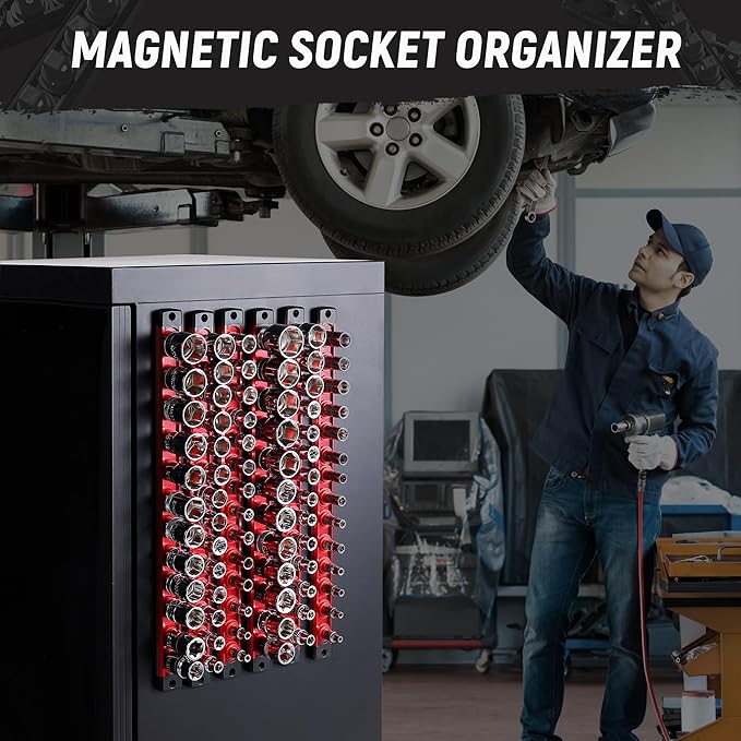 ALOANES Magnetic Socket Organizer Set, 6-Piece Heavy Duty Aluminum Socket Holder Socket Rail Organizer for Tool Box, 360° Swivel Clips Socket Rack 1/4, 3/8, 1/2-Inch x 80 Clips (RED)