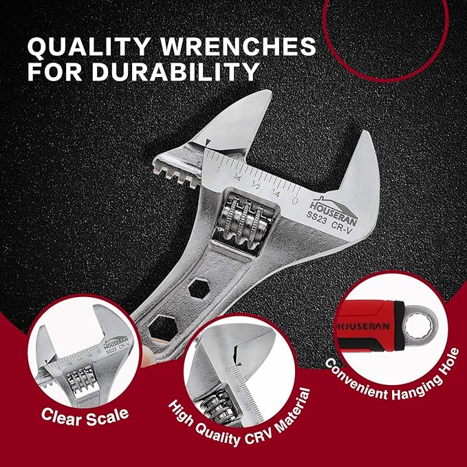 8-Inch Adjustable Wrench, Wide Jaw Adjustable Wrench with Anti-Slip Grips, Cr-V Steel Wrenchs for Home Repair, DIY, Garage