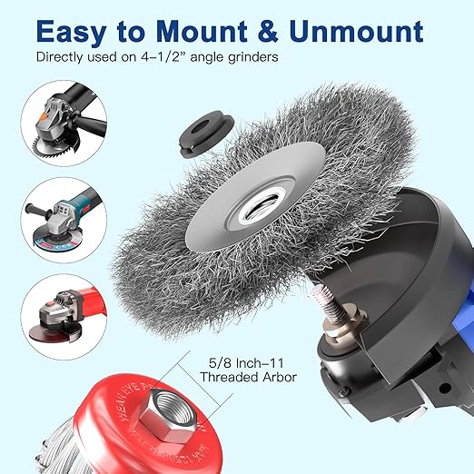 7 PCS Wire Wheel Brush for 4-1/2" Angle Grinder, Carbon Steel Knotted & Crimped Cup/Wheel Brushes (3" & 4"), Heavy Duty Rust, Paint, Corrosion Removal, 5/8"-11 UNC Threaded Arbor