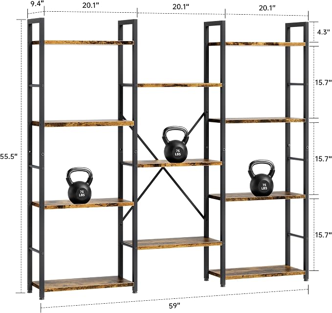 Shintenchi Triple Column 4 Tier Bookshelf, Industrial Large Bookcase Display - Image 3