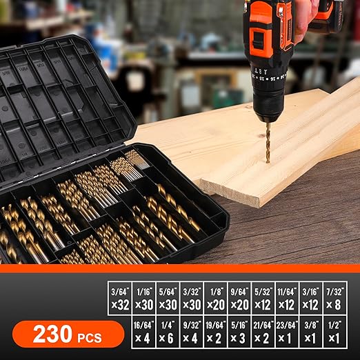COMOWARE 230 Pcs Drill Bit Set for Wood & Metal - Titanium Wood Drill Bits, High Speed Steel Drill Bit Kit Titanium Coated for Wood, Metal, Plastic, Aluminum Alloy with Storage Case, 3/64"-1/2"