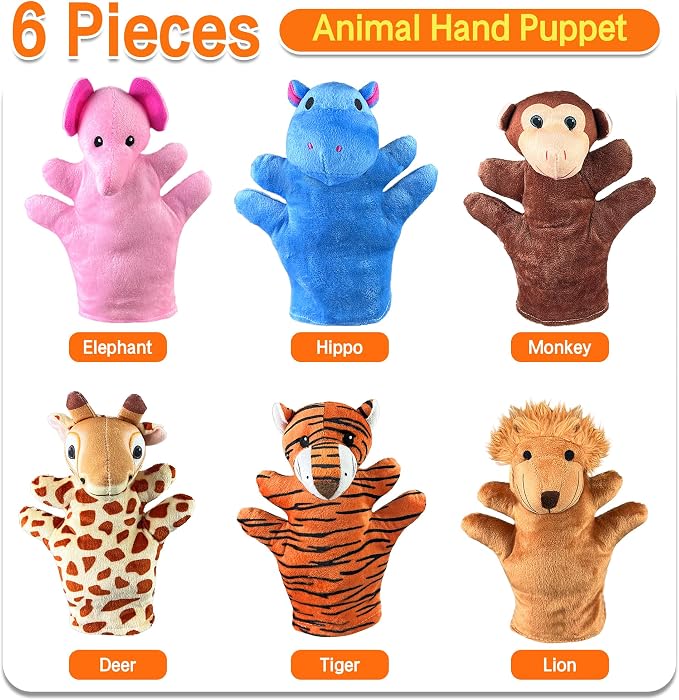6 PCS Hand Puppets Set Animal Plush Puppet Elephant Tiger Giraffe Monkey Lion - Image 3