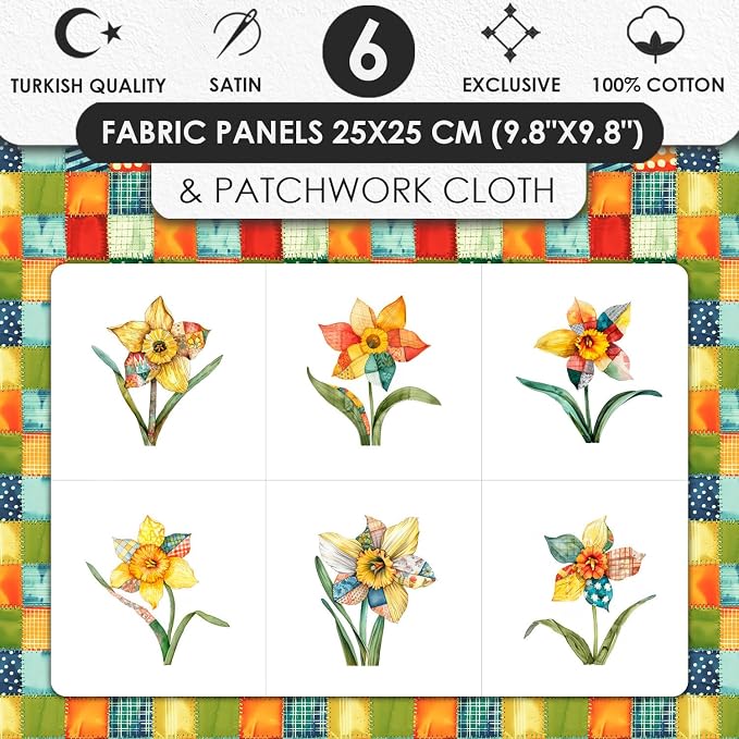 Daffodil Patchwork Cotton Fabric Panel – 6 Designs + Bonus Patchwork Sheet - Image 3