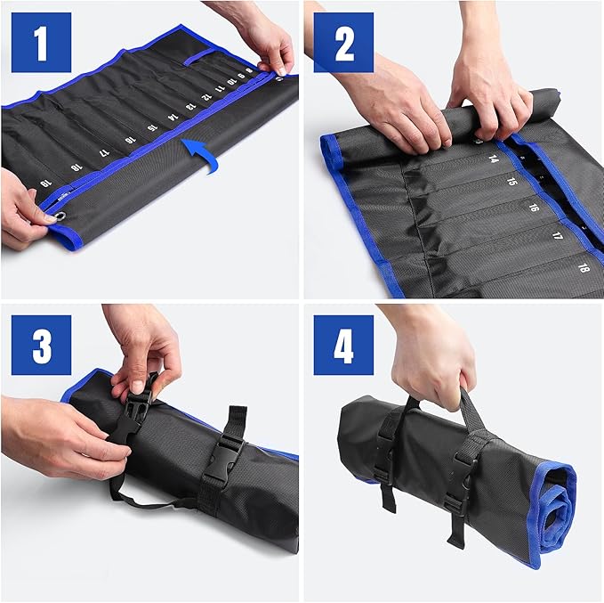 YOOFAN Wrench Roll Up Pouch – Wrench Organizer with 12+1 Pockets, Wrench Bag with Handle, Wrench Holder for Hanging, Blue – Metric