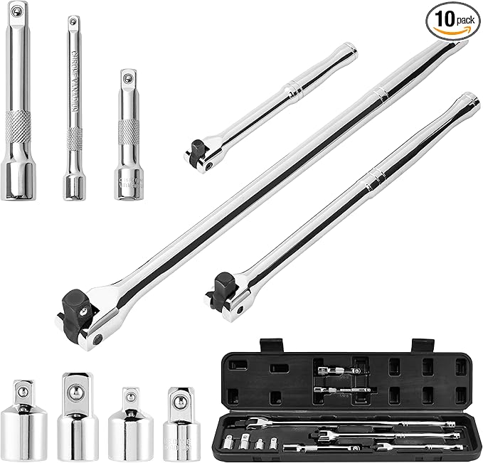 10-Piece Breaker Set - 3/8", "1/2", "1/4" Breaker Bars, 180 Rotatable Head, 3 Extension Bars, 6"-15" Lengths, Organizer Case