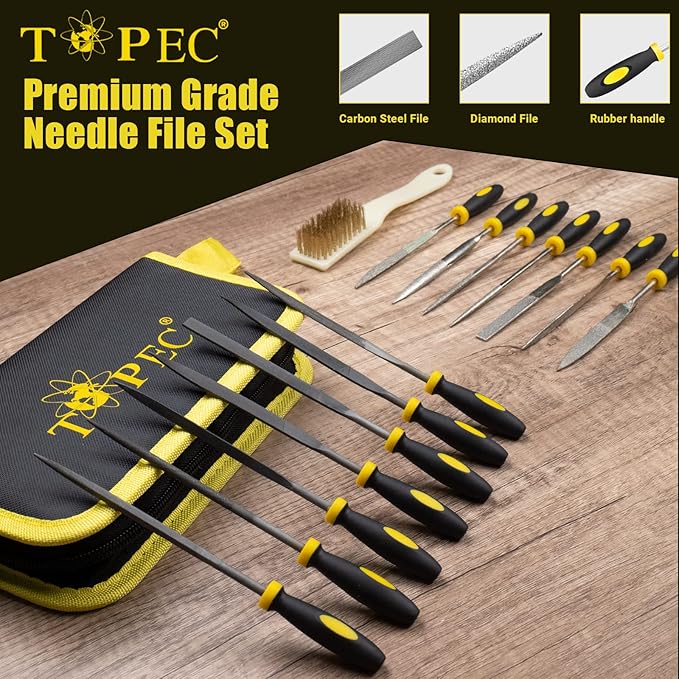 Topec Small File Set, Needle Diamond Files 15PCS, 7pcs Jewlers Files & 7pcs Steel Files with Metal Brush and Storage Bag，for Precision Metal File Work, Wood, Jewelry, Plastic, DIY Carving Tool Kit