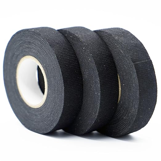 Wire Harness Cloth Tape, 3/4-Inch by 49-Foot (5 Rolls), Speaker Wiring Harness Cloth Tape, Black Adhesive Fabric Tape, for Automobile Electrical Wire harnessing Noise Dampening Heat Proof