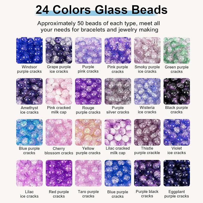 XSEINO About 1200PCS 6mm Crack Glass Beads, 24 Assorted Crack Violet Purple - Image 2
