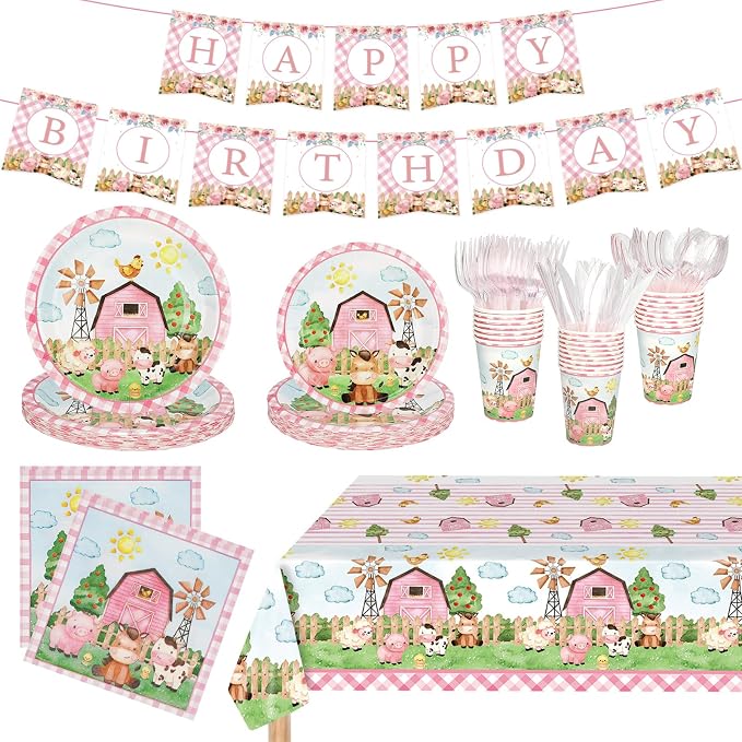 171 PCS Farm Animals Birthday Party Supplies, Disposable Pink Plates Napkins by Unknown