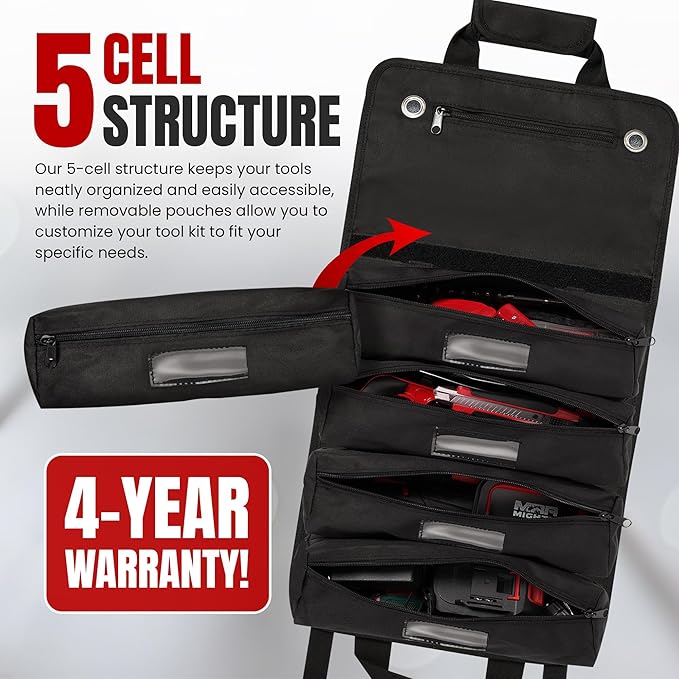 Tool Roll Bag Organizer with Magnetic Plate – Heavy Duty Polyester, Ideal Gifts For Men, Portable Tool Roll Up Bag with 5 Large Pouches & 4 Tool Strap – Black (26 Inches)