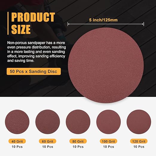 50 Pcs 5 Inch Sanding Disc 40/60/80/100/120 Grit Round Hook and Loop Sandpaper for Random Orbital Sander Automotive Car