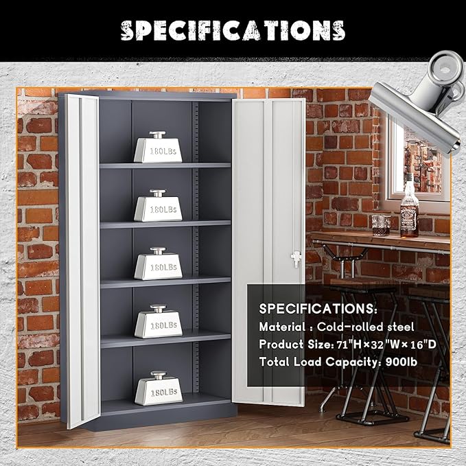 Greenvelly Metal Storage Cabinet with 2 Doors and 4 Adjustable Shelves, Lockable Steel Tool Cabinet for Home, Office, Garage, Classroom (Grey White)