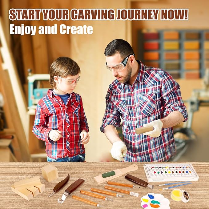 Wood Carving Kit, 44Pcs Wood Carving Tools with 4 Style Templates & 12 Color Paint Set & Bee Wax, Wood Whittling Knives Set 4pcs Whittling Knives & 5pcs Detail Knives for Beginners and Hobbyists