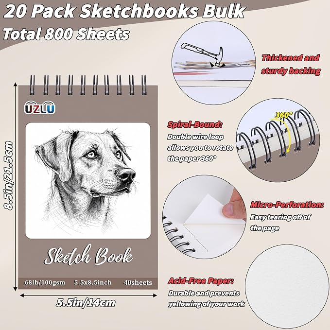 20 Pcs Sketch Books Bulk 5.5 x 8.5 In 800 Sheets Top Spiral Bound Sketch Pad - Image 2