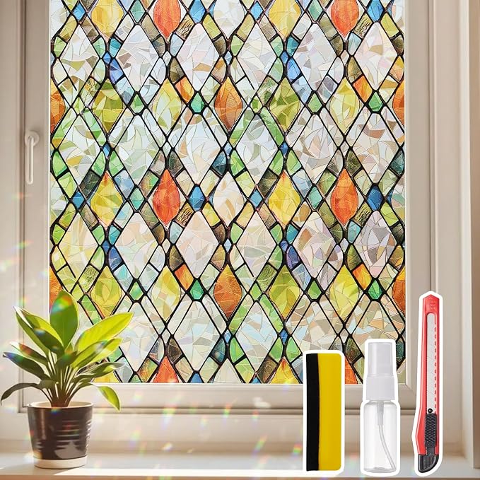Window Privacy Film Stained Glass 35.4" x 157.4" Rainbow | Static cling – no by Unknown