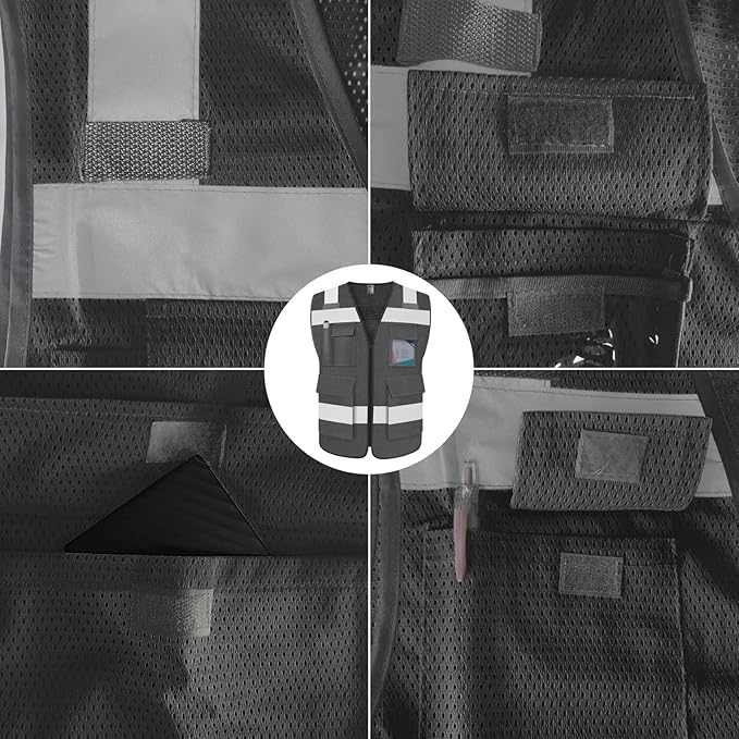 TCCFCCT Mesh Safety Vest for Men Women 5 Pockets Reflective Vest with Reinforced Zipper, High Visibility Construction Work Vest with Tabs for Walkie-talkie, Durable to Use, Meets ANSI/ISEA, Grey, XXL