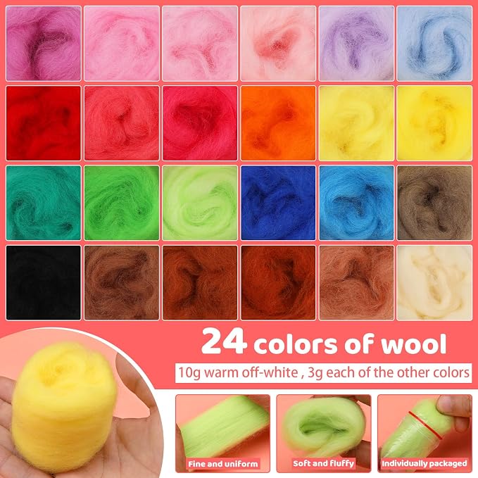 Yizzvb Needle Felting Kit, Wool Roving 24 Colors Set, Needle Wool Felting Tools - Image 3